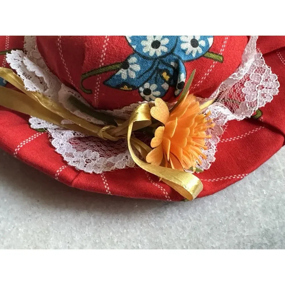 red hat Pin Needle Cushion vintage lacy brim flower sewing Accessories 6” X 6”